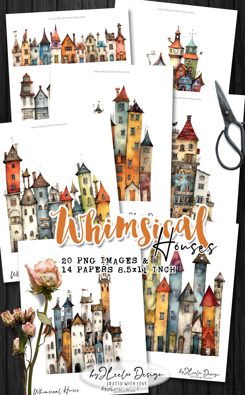 WHIMSICAL HOUSES PNG Clipart Papier Bastelbedarf junk journal elements vintage skurrile Mixed Media Printable kommerzielle Nutzung cl147 Bild 2