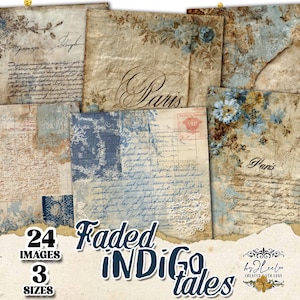 May include: A collection of 24 vintage-style digital images with a faded, aged aesthetic. The images feature floral accents, handwritten script, and the word "Paris." The color palette includes shades of blue, beige, and brown. The text "Faded Indigo Tales" is also visible.