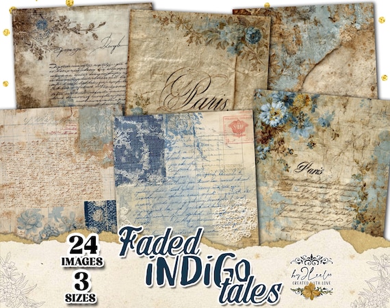 FADED INDIGO TALES – Vintage Blue Letter Papers for Junk Journal Scrapbook & Mixed Media Art Scrapbooking Printable Ephemera Collage | pp988