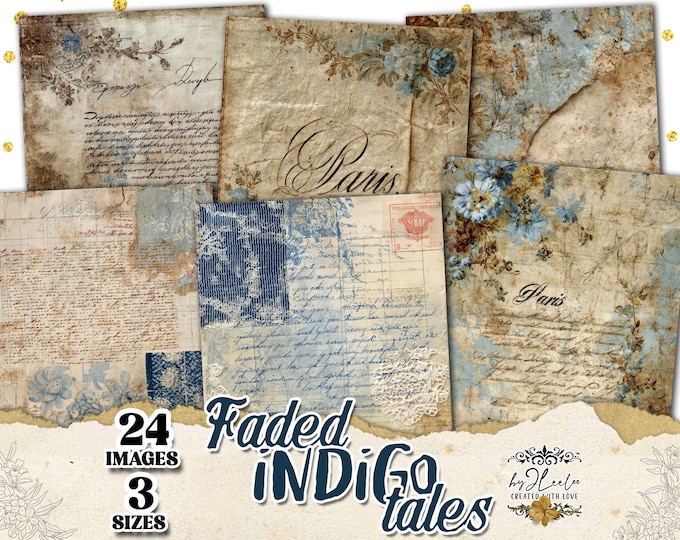 FADED INDIGO TALES – Vintage Blue Letter Papers for Junk Journal Scrapbook & Mixed Media Art Scrapbooking Printable Ephemera Collage | pp988