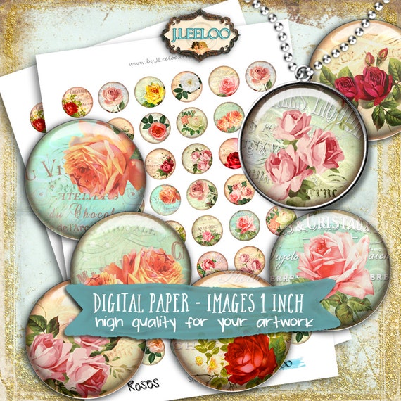 ROSES Digital images 1 inch circle Paper printable for pendants jewelry bezel trays glass cabochon magnet instant download  tn530
