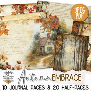 Puede incluir: Una hoja de collage digital con 10 páginas completas y 20 medias páginas con escenas de otoño. Las imágenes incluyen una casa en el bosque, un ciervo en el bosque y hojas de otoño. El texto "Autumn Embrace" está incluido en la imagen.