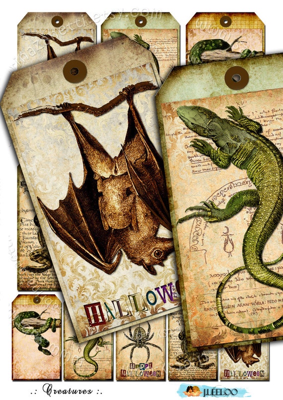 CREATURES label tags jewelry holder halloween bat frog reptiles for craft art instant Digital collage sheet download printable tl103