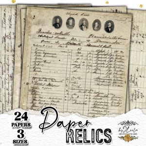 May include: A collection of vintage-style paper ephemera. The image shows aged ledger pages with handwritten text, portraits, and decorative elements. The text on the image reads "24 Papers, 3 Sizes" and "Paper Relics".