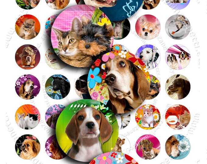 Digital collage sheet PUPPIES in CIRCLES 1 inch round puppy pets vintage romantic for pendant craft instant download printable tn146