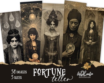 May include: A digital collage of five vintage-style images featuring women in dark clothing holding crystal balls. The images are set against a backdrop of stars and celestial imagery. The text "FORTUNE TELLER" is displayed at the bottom of the collage.