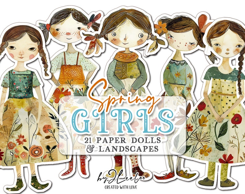 SPRING GIRLS paper doll printable kit junk journal cut off Paper Dolls journaling supplies Collage fussy cut doll digital pp695 image 7