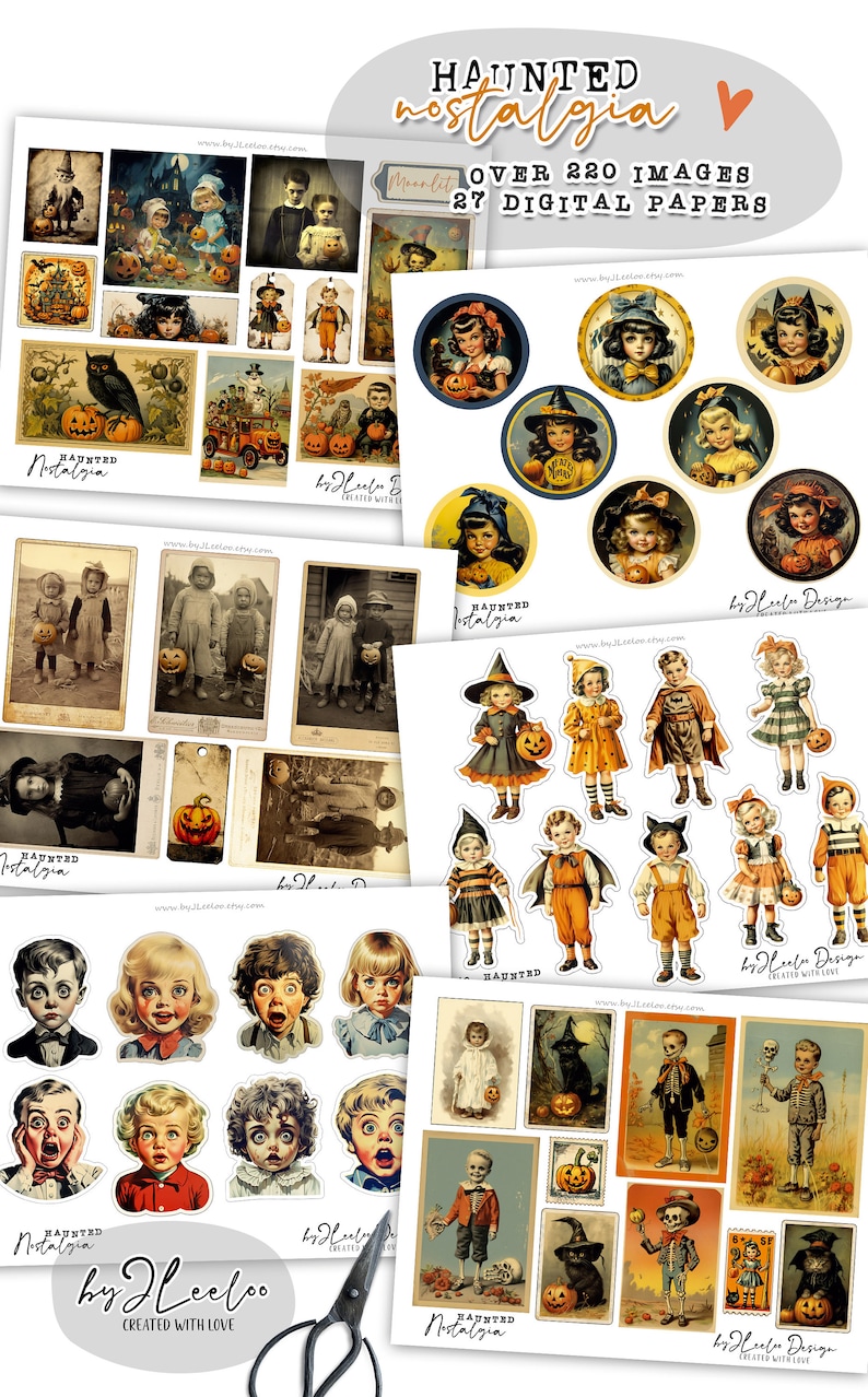 Puede incluir: Un paquete de papel digital con tem&aacute;tica de Halloween. El paquete incluye m&aacute;s de 220 im&aacute;genes y 27 papeles digitales. Las im&aacute;genes presentan ilustraciones vintage de ni&ntilde;os vestidos con disfraces de Halloween, calabazas y otras im&aacute;genes de Halloween. Los papeles digitales son perfectos para crear manualidades, scrapbooking y otros proyectos con tem&aacute;tica de Halloween.