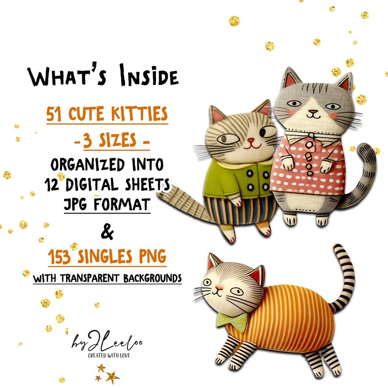 Op de afbeelding: Digitale kunst met drie cartoonkatten met unieke ontwerpen. De afbeelding bevat tekst: "WHAT'S INSIDE" en details over de digitale kunst, waaronder "51 CUTE KITTIES" en "153 SINGLES PNG". De katten zijn in verschillende kleuren en patronen.