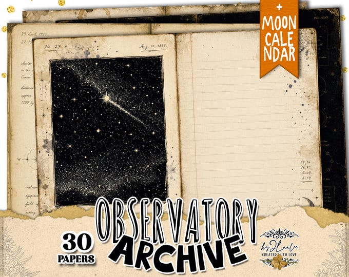 OBSERVATORY ARCHIVES | Vintage Astronomy Journal Pages | Moon & Stars Junk Journal Kit | Printable Celestial Ephemera | ppK70