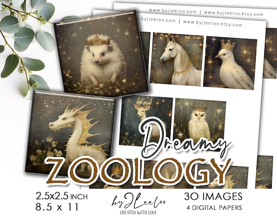 DREAMY ZOOLOGY 2.5x2.5 inch printable | Fantastic Creature supplies square pendants, charm images, glass cabochon mountings, cameo | qu571