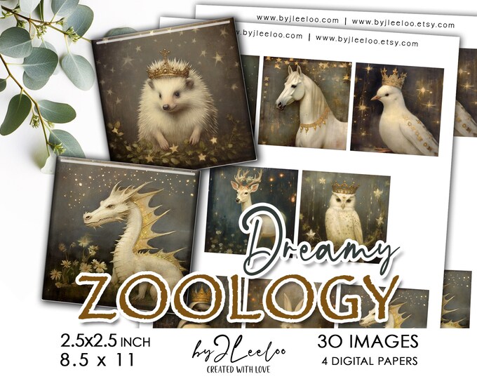 DREAMY ZOOLOGY 2.5x2.5 inch printable | Fantastic Creature supplies square pendants, charm images, glass cabochon mountings, cameo | qu571
