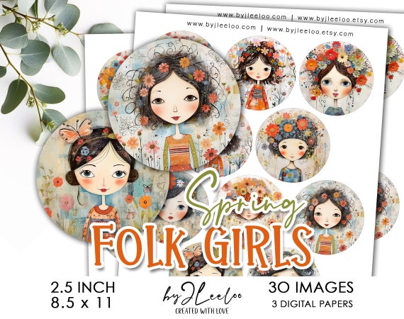 SPRING FOLK girls 2.5 inch printable craft supplies round pendant | Magnets bezel trays glass cabochon mountings cameo bottle caps | tn719