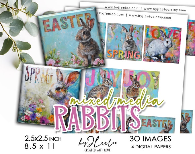 MIXED-MEDIA RABBITS 2.5x2.5 inch printable | supplies square pendants, sticker, magnet, collage, journaling, craft tile, tags, label | qu577