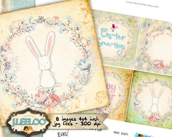 Digital collage EASTER 4x4 inch square greeting cards coaster magnet stickers rabbit jewelry holder instant download printable qu455