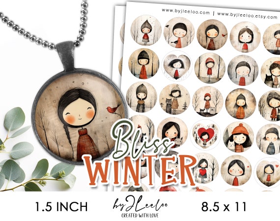 WINTER BLISS 1.5 inch printable Christmas | Holidays supplies round pendant charm glass cabochon magnet | journal scrapbooking craft | tn699