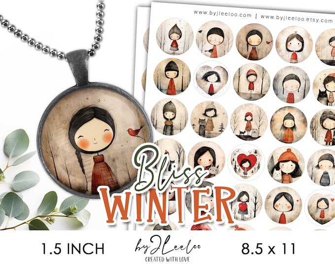 WINTER BLISS 1.5 inch printable Christmas | Holidays supplies round pendant charm glass cabochon magnet | journal scrapbooking craft | tn699