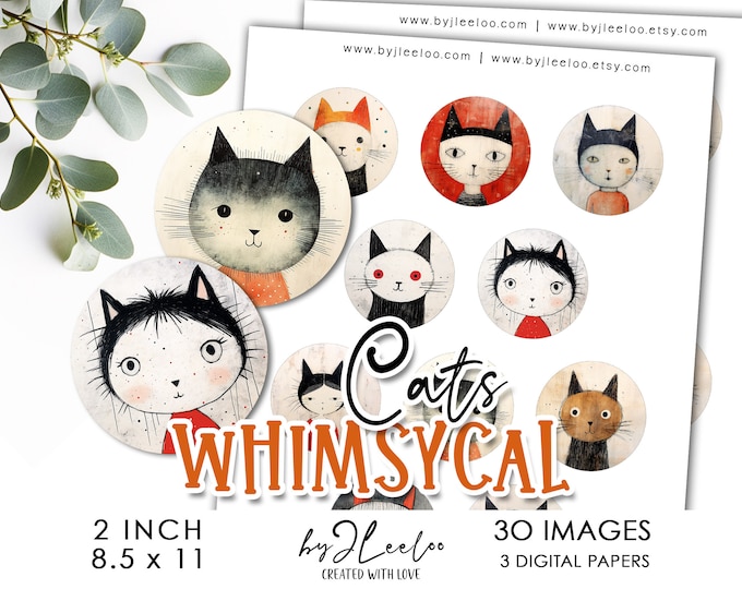WHIMSICAL CATS 2 inch printable | supplies round pendant sticker charms glass cabochon magnet | ornaments journal scrapbooking craft | tn705