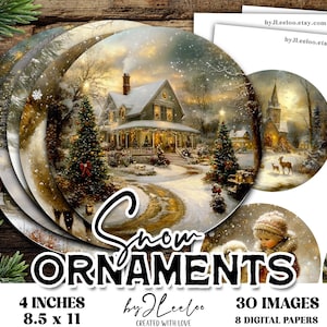 Puede incluir: Un conjunto de adornos navideños redondos con escenas invernales de casas e iglesias nevadas. Los adornos miden 10 cm de diámetro y vienen con 30 imágenes y 8 papeles digitales. El texto "Snow Ornaments" está presente.
