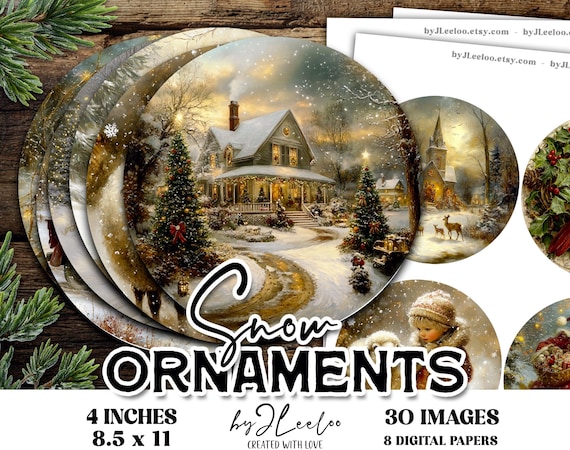 SNOW ORNAMENTS – 4 Inch Christmas Round Fine Art Images for Crafts, Coasters, Ornaments, Wall Décor, Vintage Holiday Circles | tn850