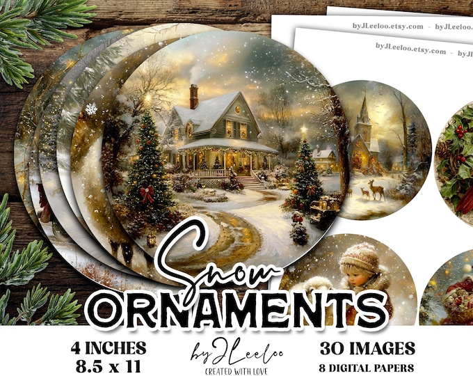 SNOW ORNAMENTS – 4 Inch Christmas Round Fine Art Images for Crafts, Coasters, Ornaments, Wall Décor, Vintage Holiday Circles | tn850