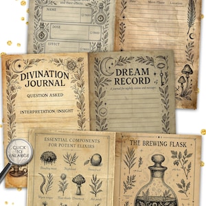 May include: A collection of vintage-style printable pages for a witchy theme. Includes an Elixir Inventory, Arcane Notes, Divination Journal, Dream Record, and Essential Components for Potent Elixirs. The pages are 8.5 x 11 inches and include the text "39 Sheets".