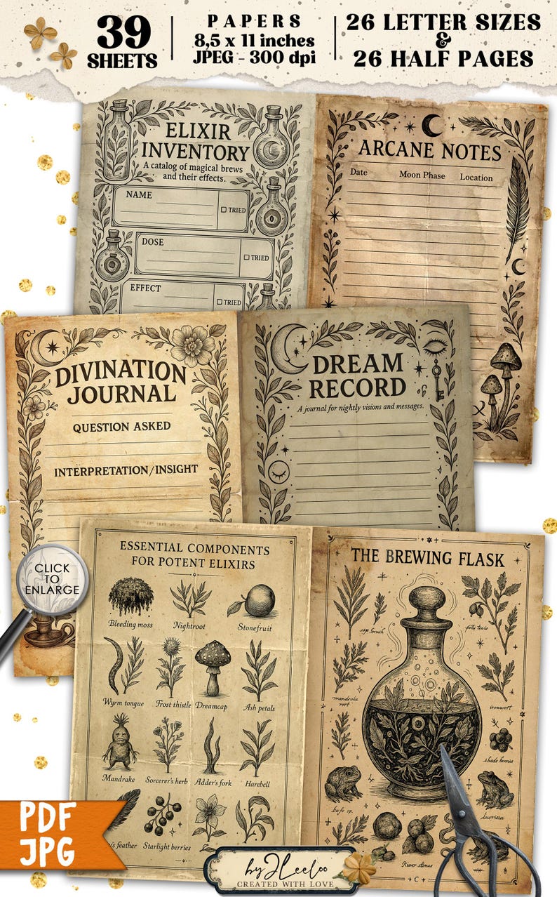 May include: A collection of vintage-style printable pages for a witchy theme. Includes an Elixir Inventory, Arcane Notes, Divination Journal, Dream Record, and Essential Components for Potent Elixirs. The pages are 8.5 x 11 inches and include the text "39 Sheets".