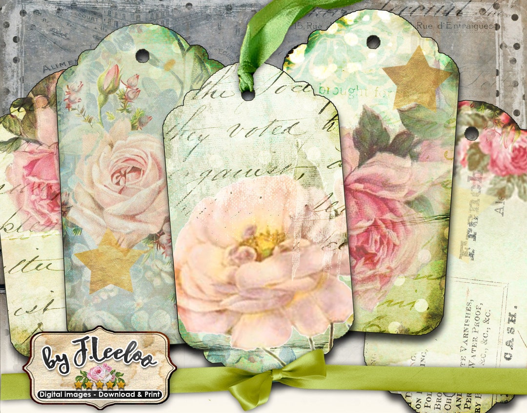 SMALL TAGS Digital French Shabby Chic Roses Paper Goods for Craft Art ...