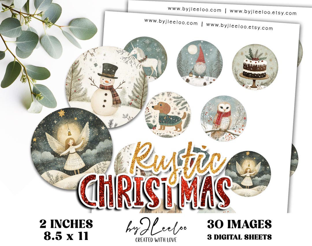 Winter Rustic Labels RUSTIC CHRISTMAS 2 Inch Printable | Tags DIY Gift Labels Bottle Caps ...