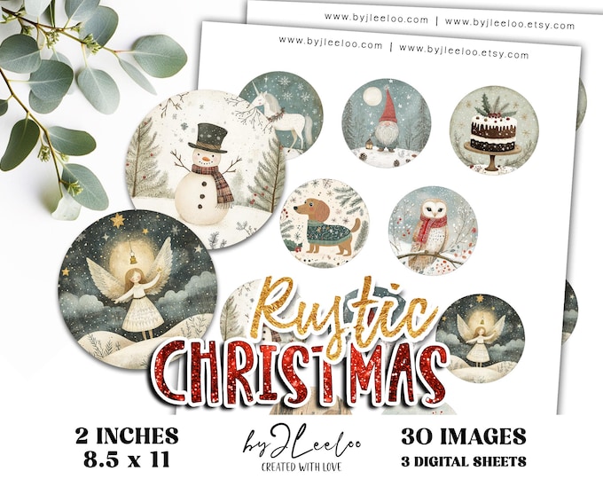 RUSTIC CHRISTMAS 2 inch printable | Tags DIY Gift Labels Bottle Caps Sticker | Vintage sheet | Cupcake Toppers Christmas Decorations | tn838