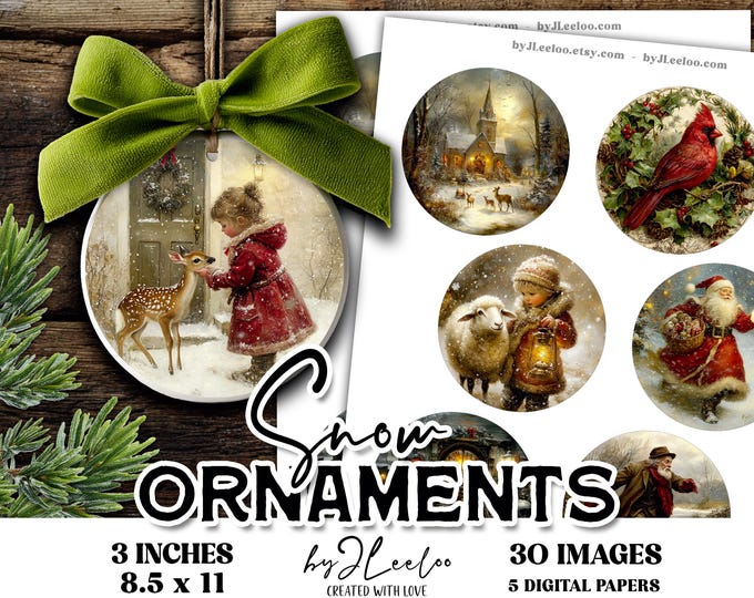 SNOW ORNAMENTS – 3 Inch Christmas Round Fine Art Images for Crafts, Coasters, Ornaments, Vintage Holiday Circles, Printable Ephemera | tn849