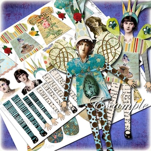 DIVERTENTE BAMBOLA DI CARTA pagina di diario artistico alterata su carta digitale foglio di collage digitale scrapbooking jpg png download immediato stampabile pp130