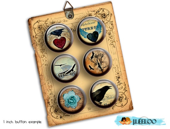 Digital printable RAVEN 1.313 inch button machine crow black heart scary halloween magnet pendant instant download printable tn222