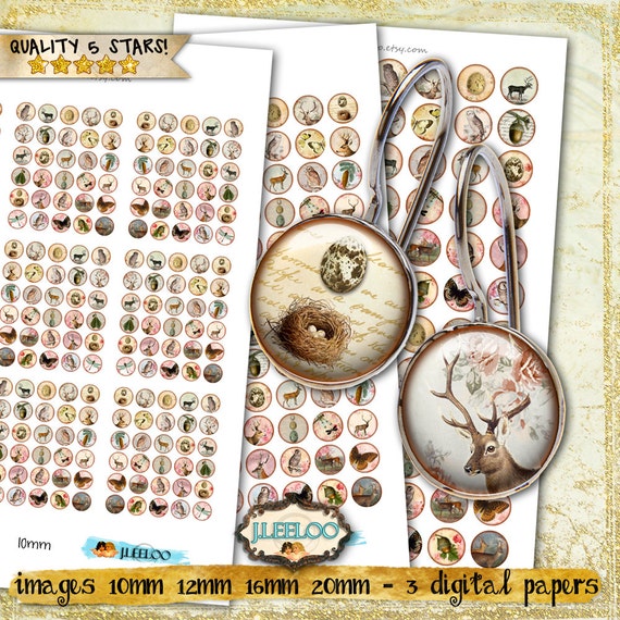 Digital printable IN THE FOREST 10 12 16 20mm circle sheets earring ring size owl deer moose digital images for jewelry download tn289