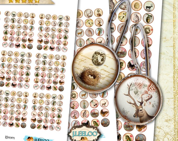 Digital printable IN THE FOREST 10 12 16 20mm circle sheets earring ring size owl deer moose digital images for jewelry download tn289