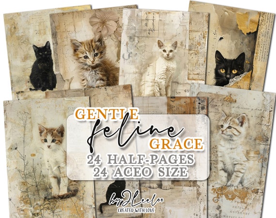 GENTLE FELINE GRACE half pages print for junk journal Aceo | Cat kitten background illustration painting vintage digital collage | pp744