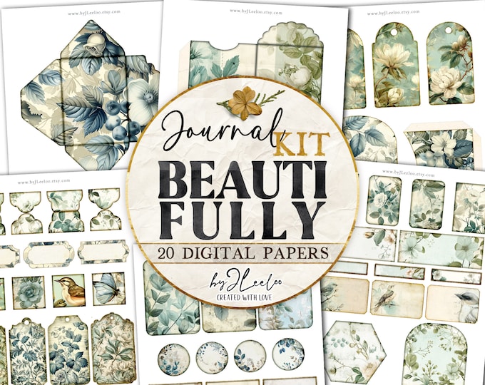 BEAUTIFULLY junk journal KIT printable | Botanical scrapbook label tag pocket ephemera supplies | Fussy cut garden greenery journal | pp791