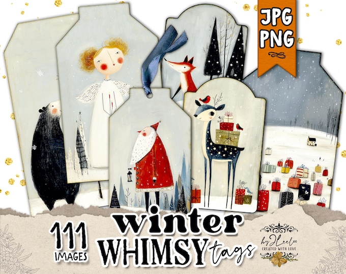 WINTER WHIMSY TAGS printable winter storybook pieces, nordic vintage designs for journals, gifts and cozy paper crafts scrapbook | tl367