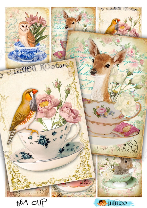 TEA CUP printable atc  invitation diary art card scrap puppies scrapbook owl deer background Digital collage sheet ac278