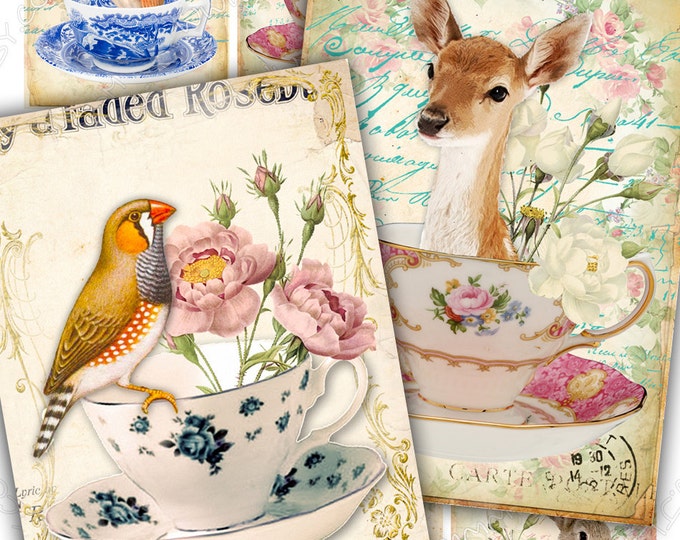 TEA CUP printable atc  invitation diary art card scrap puppies scrapbook owl deer background Digital collage sheet ac278