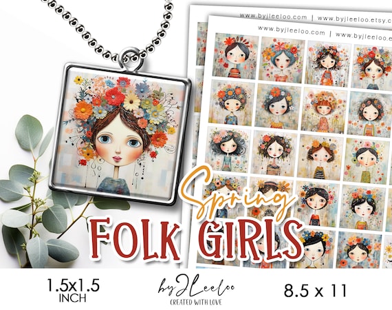 SPRING FOLK girls 1.5 inch printable illustration | digital supplies square pendant bezel trays glass cabochon mounting cameo | qu557