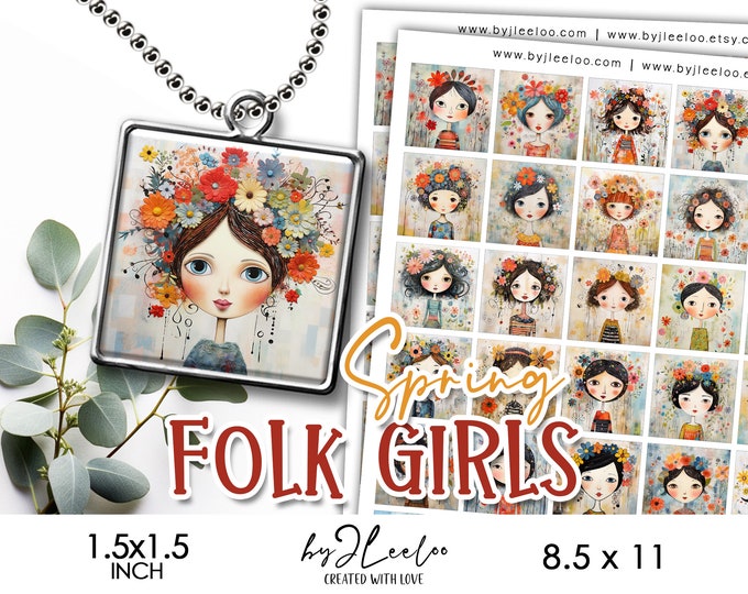 SPRING FOLK girls 1.5 inch printable illustration | digital supplies square pendant bezel trays glass cabochon mounting cameo | qu557