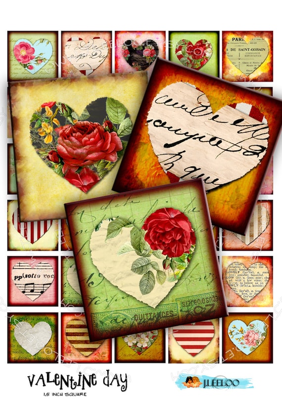 Digital print VALENTINE DAY 1.5 inch square love heart images for pendant magnet and craft  instant download printable images qu332