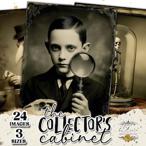 May include: A vintage-style digital art print set featuring three images with a sepia tone. One image shows a boy with a magnifying glass, another a skeleton in a glass dome, and the third a plague doctor. The text "the COLLECTOR'S cabinet" is also visible.