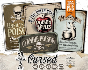 CURSED GOODS Co 34 Vintage Poison & Potion Labels | Halloween Apothecary Party Tags in 3 Sizes | Printable Ephemera Jpg + PNG | tl324