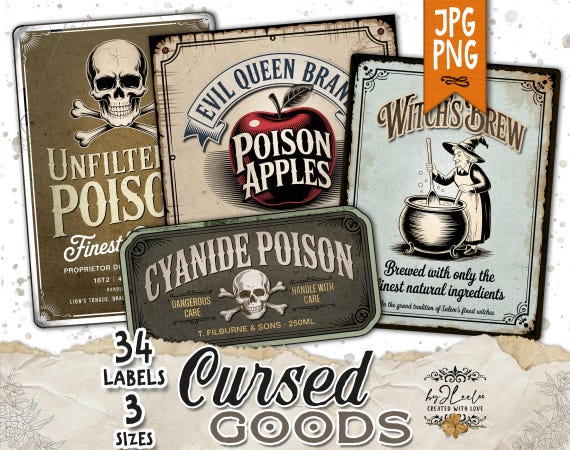 CURSED GOODS Co 34 Vintage Poison & Potion Labels | Halloween Apothecary Party Tags in 3 Sizes | Printable Ephemera Jpg + PNG | tl324