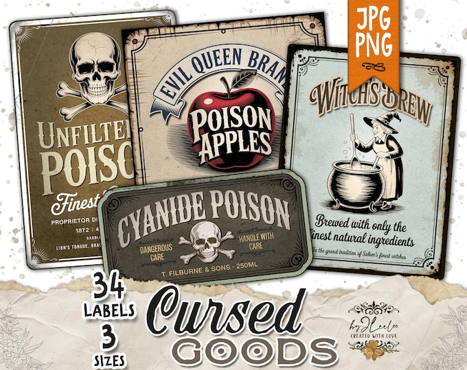 CURSED GOODS Co 34 Vintage Poison & Potion Labels | Halloween Apothecary Party Tags in 3 Sizes | Printable Ephemera Jpg + PNG | tl324