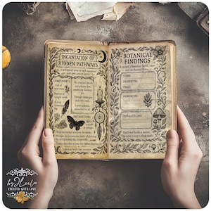 May include: An open book with handwritten text and illustrations. The left page reads "Incantation of Hidden Pathways" with instructions and components. The right page is titled "Botanical Findings" with spaces for notes. The book is held open by hands.