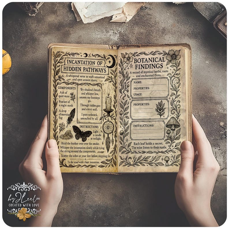 May include: An open book with handwritten text and illustrations. The left page reads "Incantation of Hidden Pathways" with instructions and components. The right page is titled "Botanical Findings" with spaces for notes. The book is held open by hands.