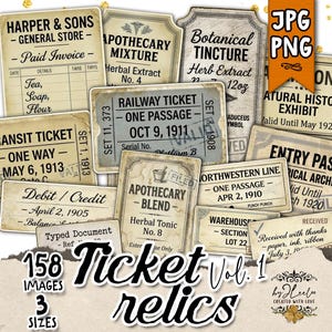Op de afbeelding: Een verzameling vintage tickets en labels met verouderde papiertexturen. De selectie omvat apothekerslabels, treinkaartjes en facturen van algemene winkels. De tekst bevat data, details en productnamen. De tekst "Ticket Vol. 1 relics" is ook aanwezig.